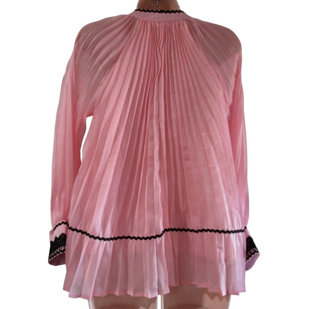 VGU Pink Accordion Pleated Swing Blouse Black RicRac Lace Vintage Style Med EUC - Picture 4 of 15